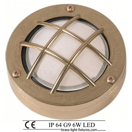 Moisture proof wall lights. Set of six decorative wall lights made of brass with a safety cage